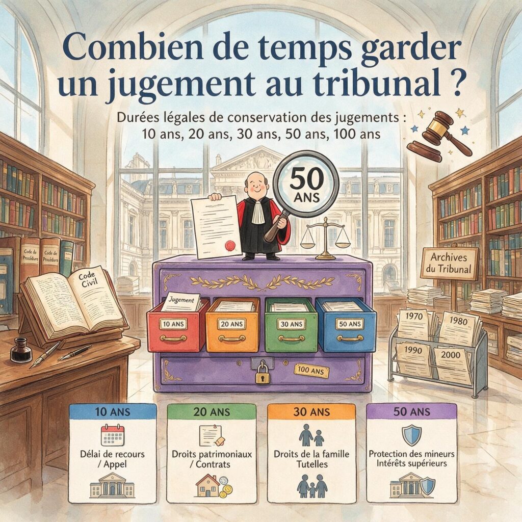 Combien de temps garder un jugement de tribunal Durées et repères à connaître Un jugement de tribunal peut conserver une forte valeur de preuve pendant de longues années. Pour une entreprise, un cabinet ou un particulier, il peut servir à faire exécuter une décision, à justifier un droit, à répondre à un contentieux ultérieur ou à reconstituer l’historique d’un dossier sensible. Encore faut-il distinguer plusieurs notions souvent confondues la durée d’exécution d’un jugement, la durée de conservation choisie par le détenteur du document et la communicabilité des archives judiciaires publiques. C’est précisément sur ce point que la prudence s’impose. Il n’existe pas, en droit français, une durée unique et générale de conservation privée applicable à tous les jugements de tribunal. En revanche, plusieurs textes et repères officiels permettent de bâtir une politique documentaire fiable, en fonction de la nature de la décision et de son utilité juridique. Pourquoi conserver un jugement est stratégique Un jugement n’est pas un document administratif ordinaire. Il peut constituer un titre exécutoire, justifier une situation juridique ou appuyer une démarche auprès d’un greffe, d’un avocat, d’une administration ou d’un cocontractant. Le perdre peut compliquer la défense d’un droit ou ralentir l’exécution d’une décision déjà rendue . Dans une logique d’archivage, la question n’est donc pas seulement “combien de temps garder un jugement de tribunal ”. Il faut aussi se demander pendant combien de temps ce jugement peut encore produire des effets utiles, quels autres documents lui sont liés, et sous quelles conditions il doit être conservé pour rester accessible, lisible et sécurisé. Trois notions à ne pas confondre 1. Le délai d’exécution d’un jugement L’article L. 111-4 du Code des procédures civiles d’exécution prévoit que l’exécution des titres exécutoires mentionnés aux 1° à 3° de l’article L. 111-3 ne peut être poursuivie que pendant dix ans, sauf si les actions en recouvrement des créances constatées se prescrivent par un délai plus long. Ce délai concerne l’exécution forcée du titre, pas une obligation générale de conservation documentaire. 2. La conservation par le justiciable ou l’organisation La conservation matérielle d’un jugement par une entreprise ou un particulier répond à une logique de preuve et de gestion des risques. Elle dépend du type de décision, des délais de prescription associés au dossier, de la possibilité d’un contentieux ultérieur et du besoin de retrouver rapidement le document sans engager de démarches complémentaires. 3. La communicabilité des archives judiciaires publiques Les règles applicables aux archives publiques ne définissent pas ce qu’un justiciable doit conserver chez lui ou dans son organisation. Elles encadrent l’accès aux dossiers et décisions conservés par les services d’archives. Les Archives nationales rappellent que les archives publiques sont librement communicables par principe, mais que certains documents liés aux juridictions ou aux enquêtes judiciaires deviennent communicables à l’issue de délais spécifiques, souvent 75 ans, avec des exceptions selon les secrets protégés ou la situation des personnes concernées. Combien de temps garder un jugement de tribunal en pratique La réponse doit rester prudente. Pour de nombreux jugements, la bonne pratique consiste à conserver le document aussi longtemps qu’il est susceptible de produire des effets juridiques, de servir de preuve ou de devoir être présenté à une administration, à un greffe ou à un professionnel du droit. Dans certains cas, une conservation de très longue durée est recommandée par prudence, sans qu’il faille présenter cette recommandation comme une règle légale uniforme. Jugements civils et décisions touchant à l’état des personnes Les jugements de divorce, d’adoption, de filiation ou de tutelle ont souvent des effets durables sur l’état civil, la famille, le patrimoine ou la succession. En pratique, leur conservation sur une très longue durée est fortement recommandée. Des services d’archives départementales rappellent d’ailleurs que les jugements de divorce sont conservés durablement dans les fonds judiciaires et qu’il peut être utile d’en garder une copie personnelle pour éviter des recherches complexes plusieurs années plus tard. Dans un article Novarchive, il est plus sûr d’écrire que ces jugements doivent être conservés très longtemps, voire sans limitation pratique tant qu’ils peuvent servir à justifier un droit, plutôt que d’affirmer une durée légale générale unique applicable à tous les cas. Jugements civils ou commerciaux liés à un litige patrimonial ou contractuel Pour les jugements portant sur un paiement, une dette, un litige contractuel ou une condamnation civile, il est prudent de conserver au minimum le jugement pendant toute la durée utile à son exécution et au-delà si la créance, le contentieux ou ses effets peuvent encore être discutés. Le repère des dix ans lié à l’exécution forcée du titre est ici central, mais il ne suffit pas toujours à lui seul à fixer la durée documentaire pertinente. Jugements prud’homaux Les jugements prud’homaux doivent être conservés avec précaution, car ils peuvent avoir des conséquences sur la relation de travail, les indemnités, la paie ou des litiges ultérieurs. En l’absence de durée légale simple et générale de conservation documentaire spécifique au jugement lui-même, il est préférable de rattacher sa conservation à celle du dossier social et contentieux correspondant, en adoptant une durée suffisamment longue au regard des risques et des besoins de preuve. Décisions pénales ou dossiers sensibles Pour les décisions pénales ou les dossiers impliquant des données sensibles, la prudence doit être renforcée. Les règles de communicabilité des archives judiciaires publiques montrent que ces matières peuvent relever de délais longs, parfois 75 ans, 100 ans ou 25 ans après le décès selon les cas, ce qui illustre leur sensibilité. Cela ne signifie pas qu’un particulier ou une entreprise doit mécaniquement conserver le document aussi longtemps, mais cela plaide pour une approche documentaire très sécurisée et attentive à la confidentialité. Que faire si l’on perd un jugement La perte d’un jugement n’est pas toujours irréversible. Une copie d’une décision de justice civile peut généralement être obtenue auprès de son avocat ou du greffe. Cette possibilité ne doit toutefois pas conduire à négliger la conservation interne des décisions importantes, car retrouver la bonne juridiction, la date exacte ou les références du dossier peut prendre du temps. Bonnes pratiques d’archivage pour les jugements Une politique de conservation fiable doit commencer par une cartographie des types de jugements détenus et de leur utilité réelle. Il faut distinguer les décisions à conserver très longtemps, les jugements liés à des dossiers d’exécution ou de recouvrement, et ceux qui doivent être rapprochés d’autres documents du même dossier, par exemple des contrats, pièces comptables, échanges d’avocats ou documents RH. Les archives papier doivent être classées, protégées contre les risques matériels et accessibles uniquement aux personnes habilitées. Les archives numériques doivent reposer sur des règles de nommage, de traçabilité, de sauvegarde et de contrôle d’accès cohérentes avec la sensibilité des informations. Plus largement, les règles de protection des données imposent de définir des durées de conservation justifiées et d’assurer la sécurité des informations personnelles. Dans cette logique, Novarchive peut accompagner les organisations sur l’audit documentaire, la structuration des durées de conservation, l’archivage physique, la numérisation et l’archivage électronique, avec une approche fondée sur la sécurité, la traçabilité et l’accès maîtrisé aux documents. Conclusion La question “combien de temps garder un jugement de tribunal ” appelle donc une réponse nuancée. Il faut distinguer l’exécution du titre, la conservation privée du document et la communicabilité des archives publiques. En l’absence de durée unique applicable à tous les jugements, la solution la plus fiable consiste à raisonner par type de décision, par niveau de risque et par utilité probatoire. Autrement dit, l’article initial devait être corrigé pour éviter des durées trop affirmatives ou insuffisamment sourcées. La version révisée reste plus prudente, plus juste juridiquement et plus cohérente avec un positionnement Novarchive fondé sur l’expertise documentaire plutôt que sur des approximations réglementaires.